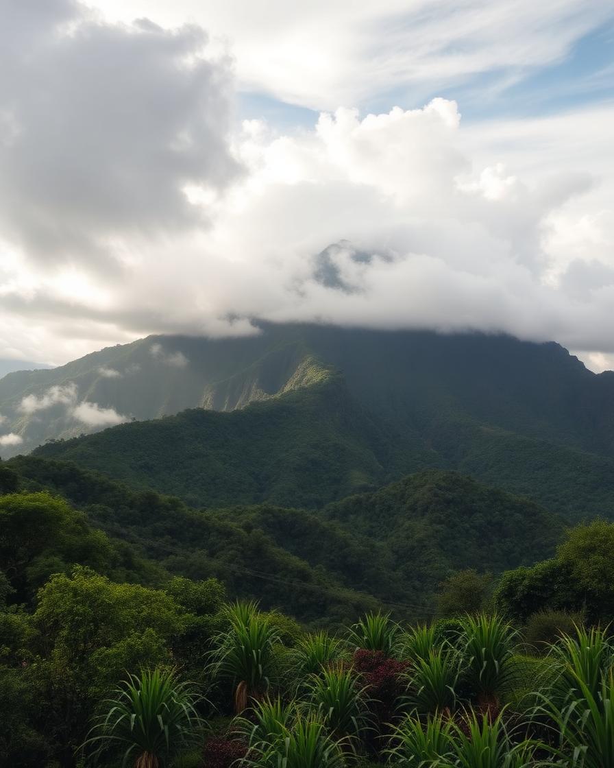 Mauritius mountains shrouded in cloud
