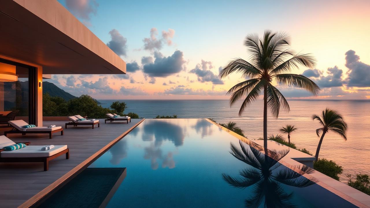 Modern villa terrace overlooking the ocean